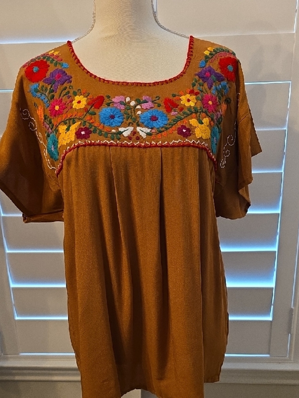 Embroidered Brown Floral Tunic Top - Women